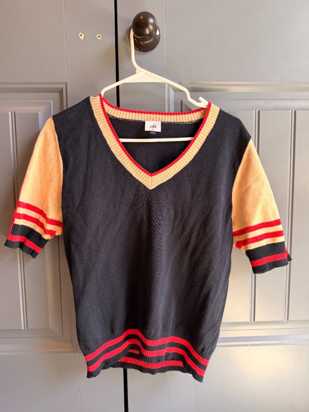 CAbi Navy V-Neck Short Sleeve Knit Sweater Red Cream Trim M